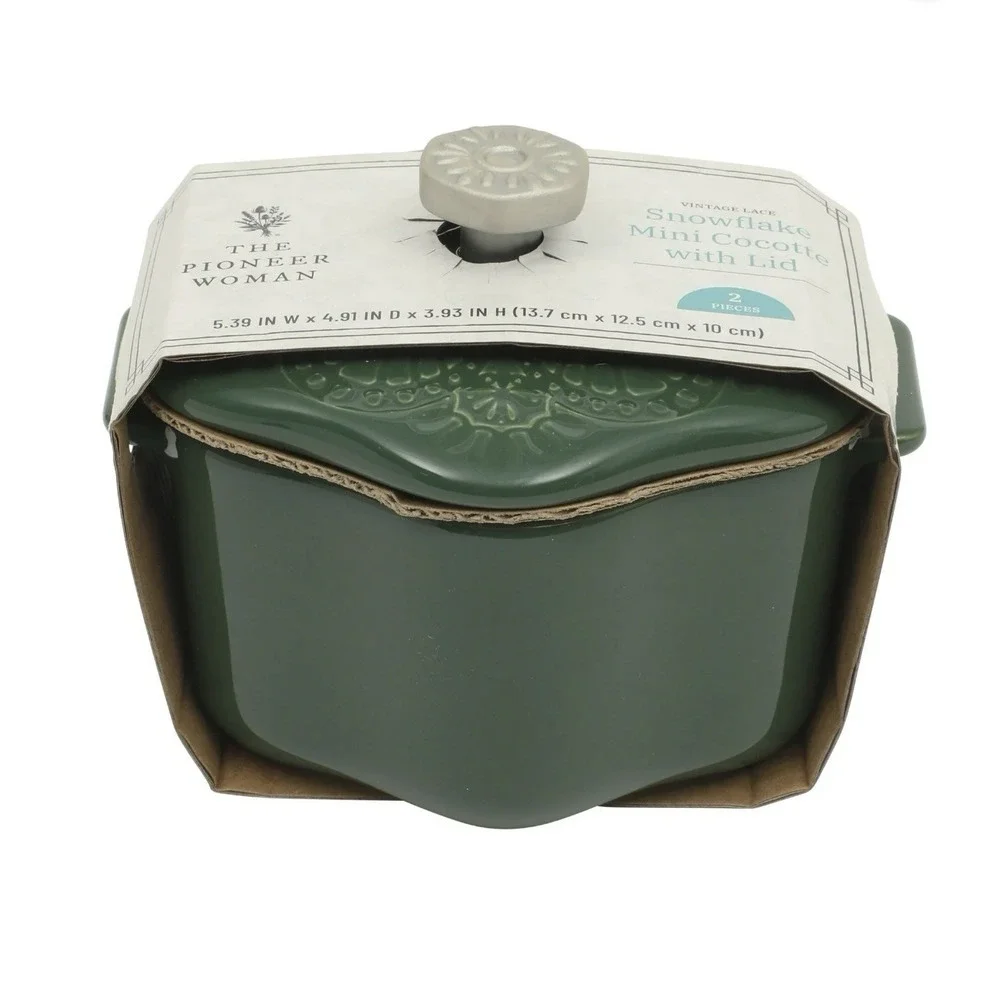 Pioneer Woman Snowflake Mini Cocotte With Lid Stoneware Green Christmas Holidays
